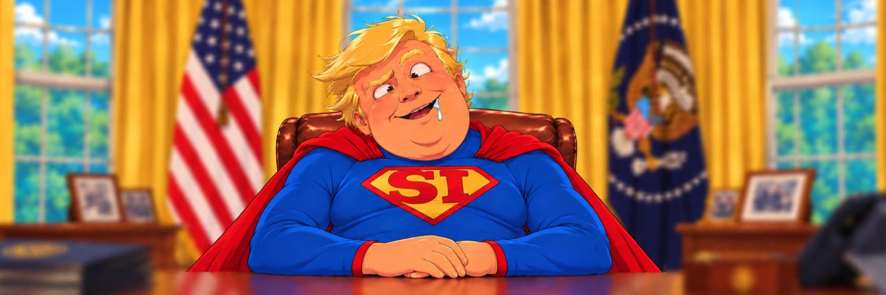 Cartoon of Donald Trump in a blue superhero suit with an SI emblem, seated in the Oval Office
